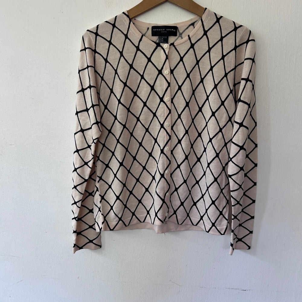 August Silk Cardigan Women M Cream Black Diamond Knit Geometric Twee Mod Office